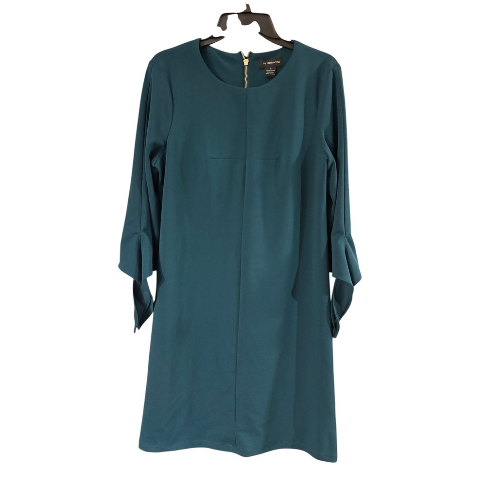 Liz Claiborne Womens Teal‎ Green Shift Dress Gold Zip Split Knot Sleeve Size 12